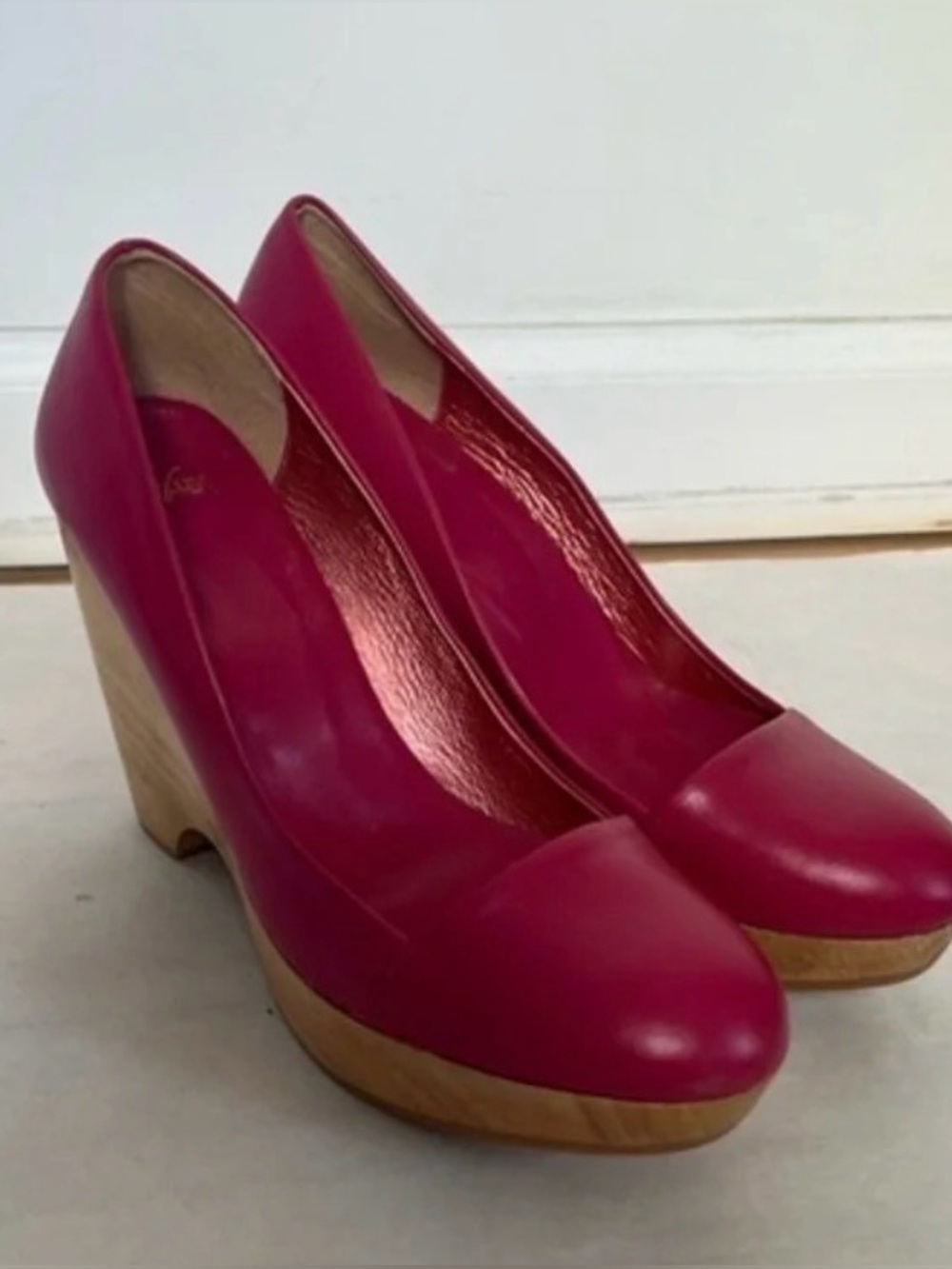 Durbuy by Yurika Nakatsu Pink Leather Wood Wedge Platform Pumps Shoes Sz US 7.5 - Picture 2 of 10